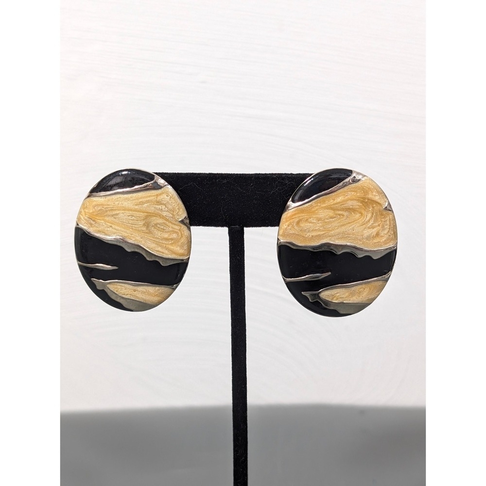 Vintage Golden Black Enamel Modernist Bold Statement Earrings‎ Oval Pierced